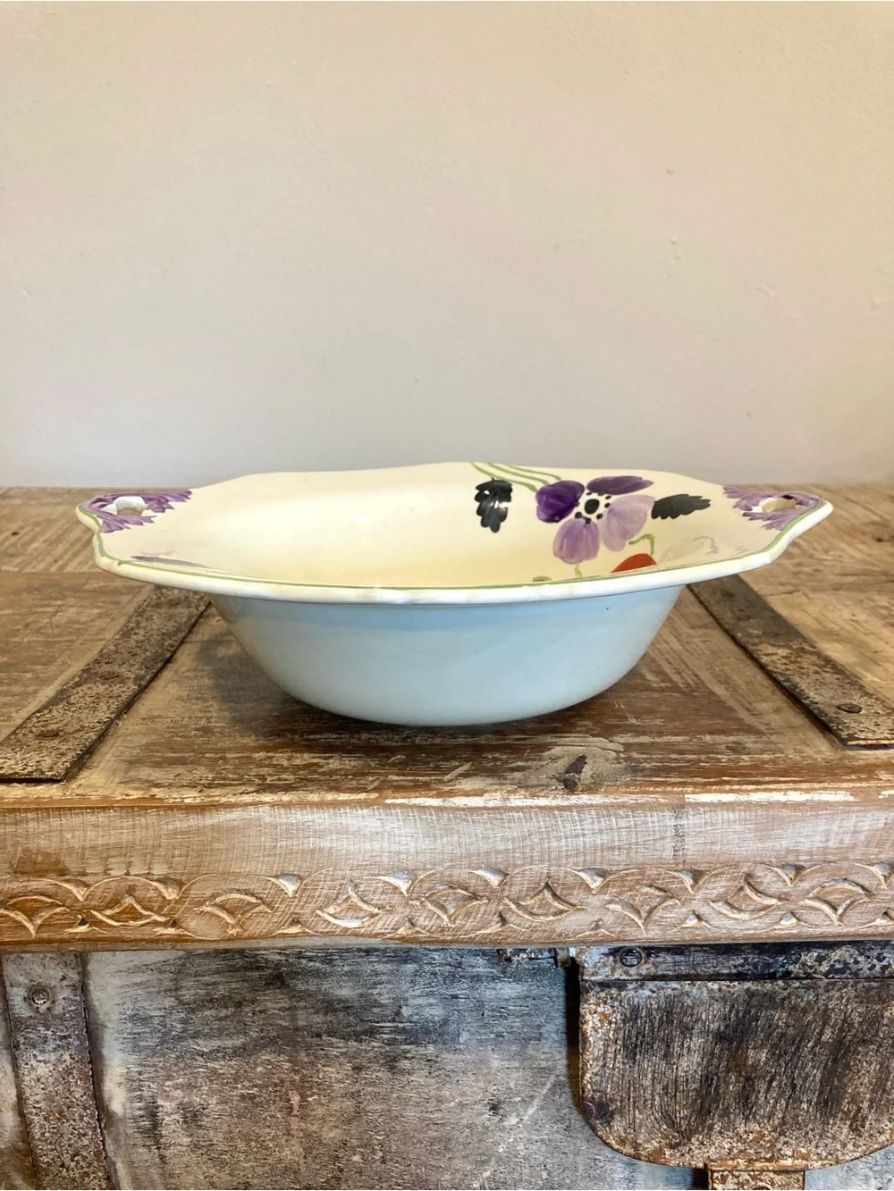 Hand-Painted Floral Ceramic Serving Bowl Purple & Red Flowers Made In England